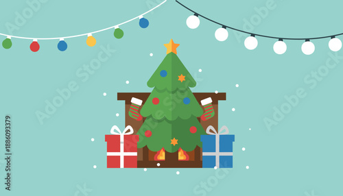 Flat Christmas background with decorated tree fireplace gifts and festive holiday string lights