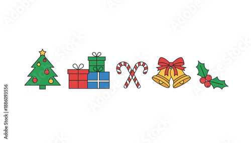 Colorful Christmas icons tree gifts candy canes bells and holly isolated on white