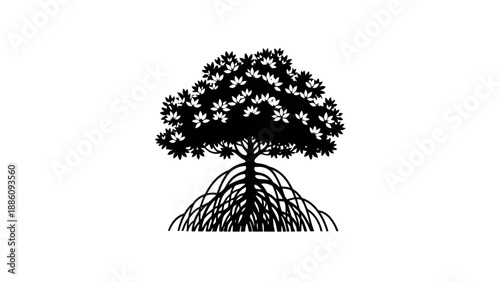 Black and white vector graphic of a mangrove tree with roots.