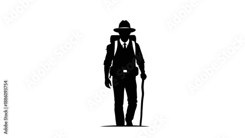 Silhouette of a man with a backpack and a hat walking with a stick.