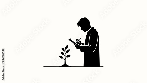 Scientist examining plant growth, vector illustration on white background.
