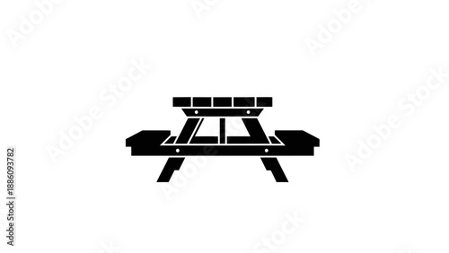 Black and white picnic table icon on a white background.