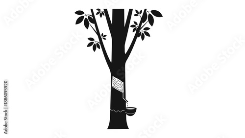 Rubber tree with latex extraction in black and white vector illustration.