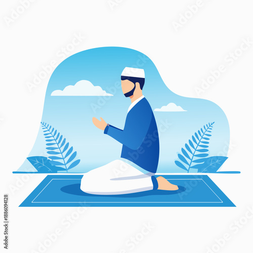 Muslim Man Kneeling and Praying (Dua or Salah) on a Prayer Mat. Islamic Worship, Spirituality, and Devotion Concept Vector Illustration.