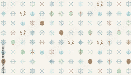 Seamless geometric winter pattern featuring snowflakes pine cones and antlers Ideal for holiday backgrounds