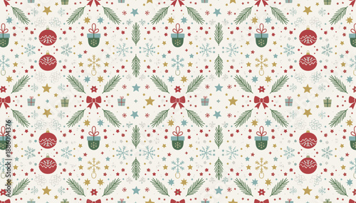 Retro Christmas seamless pattern with stars gifts baubles and snowflakes for holiday packaging