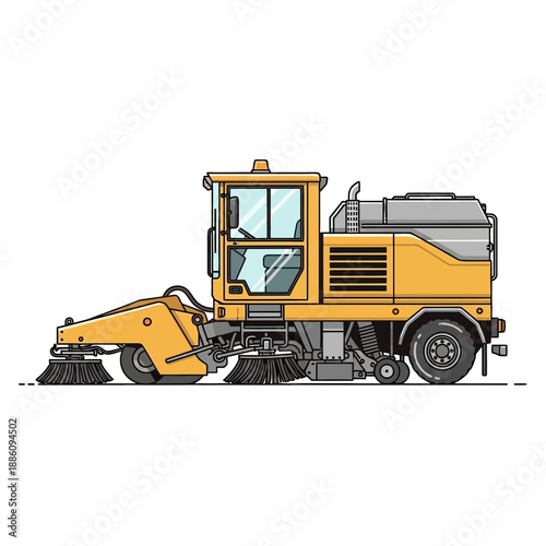 Yellow street sweeper machine illustration, industrial cleaning vehicle side view