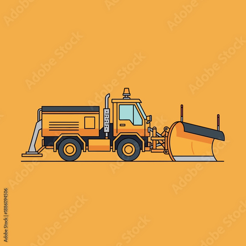 Yellow snow plow truck with large blade on orange background, flat illustration