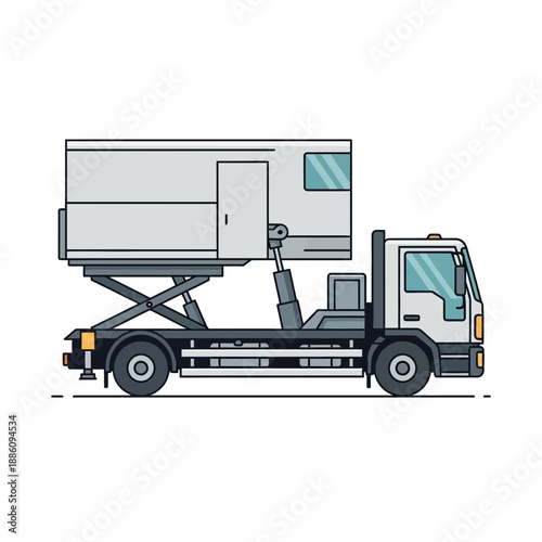 Airport catering truck with liftable cabin, side view illustration