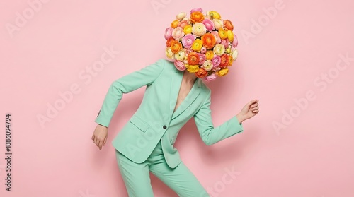 A person wearing a fashionable mint green pantsuit has their head replaced by a vibrant, colorful bouquet of ranunculus flowers, symbolizing creativity and unique style.