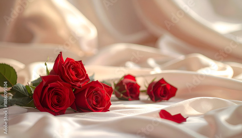 Red roses on soft white fabric with romantic ambiance.