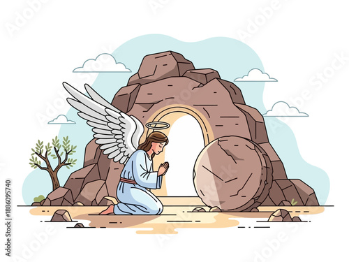 Angel Kneeling Before Empty Tomb Symbolizing Resurrection.