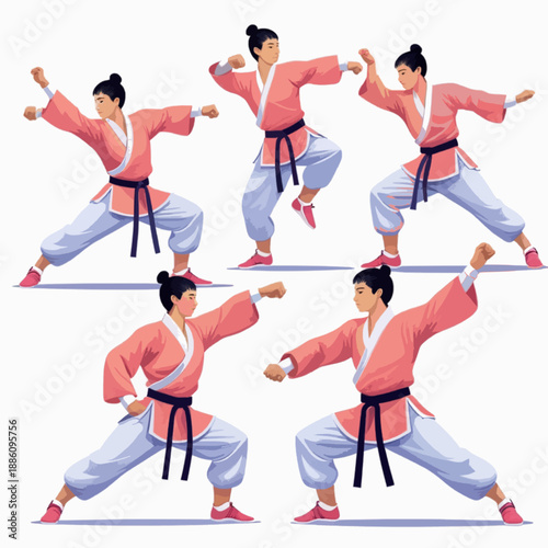 Wushu Martial Arts Movement Sequence Flat Vector Illustration