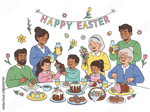 Happy Easter Family Gathering Enjoying Festive Meal Together.