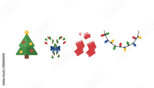 Festive Christmas icon set with tree candy canes lights and stockings for holiday design and marketing