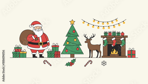 Santa Claus reindeer and Christmas decor illustration gifts tree and festive fireplace setting