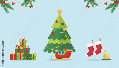 Holiday vector design Christmas tree stacked gifts stockings and candles on blue