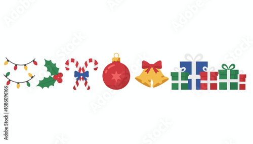 Flat vector Christmas collection gifts lights holly candy canes ornaments and bells on a white background