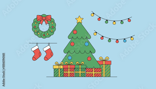Cartoon Christmas icons decorated tree gifts wreath lights and stockings Holiday background design