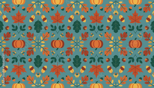 Graphic autumnal seamless pattern with pumpkins leaves and acorns on teal background Ideal for textile or web design
