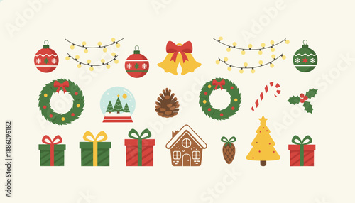 Cute Christmas vector icon set wreaths baubles gifts lights and seasonal holiday decorations