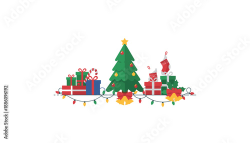 Festive Christmas gifts decorated tree lights and stockings graphic illustration on white background