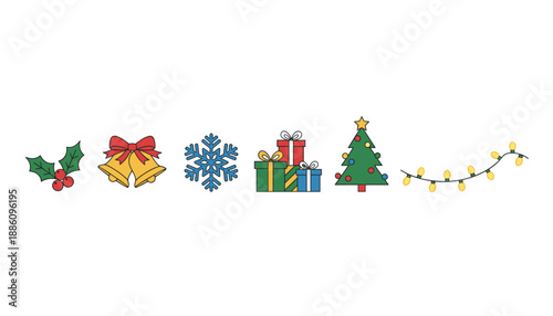 Festive Christmas icon collection holly bells snowflake presents tree and decorative lights