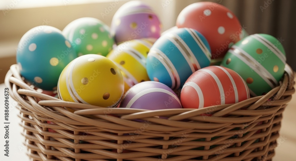 Fototapeta premium Wicker basket filled with colorful patterned Easter eggs, close-up