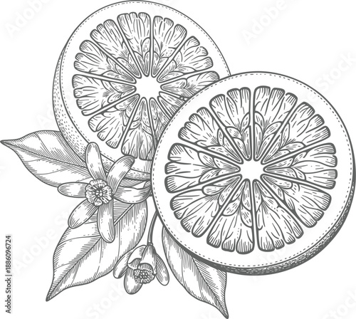Vintage hand drawn orange fruit slices, citrus blossom and leaves vector, sketch illustration for organic design