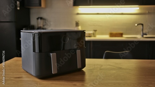 Foto Modern black air fryer sits on a wooden table in a contemporary kitchen setting
