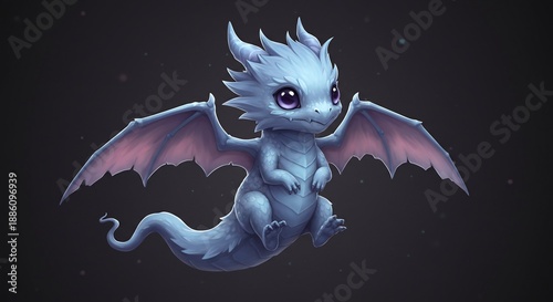 淡い青色の小さなドラゴンが大きな瞳を輝かせ翼を広げて空中に浮かぶ姿はとても愛らしく幻想的. AI Generated