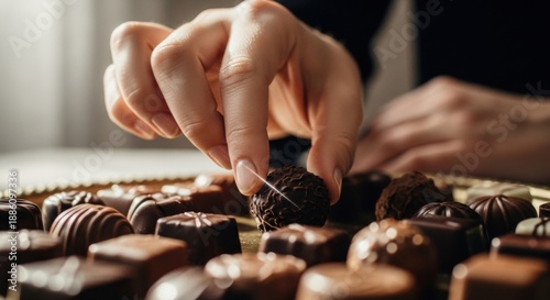 Hand selecting a gourmet chocolate truffle from a variety of decadent treats.
