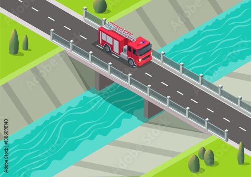 Fire trucks crossing the bridge