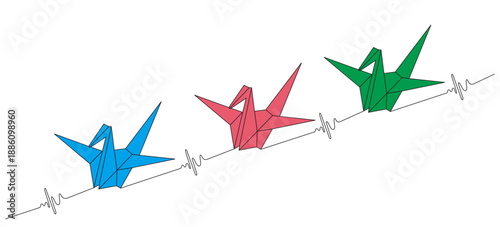 Origami birds with a white background, for decorating children's or baby's rooms and baby beds and others.