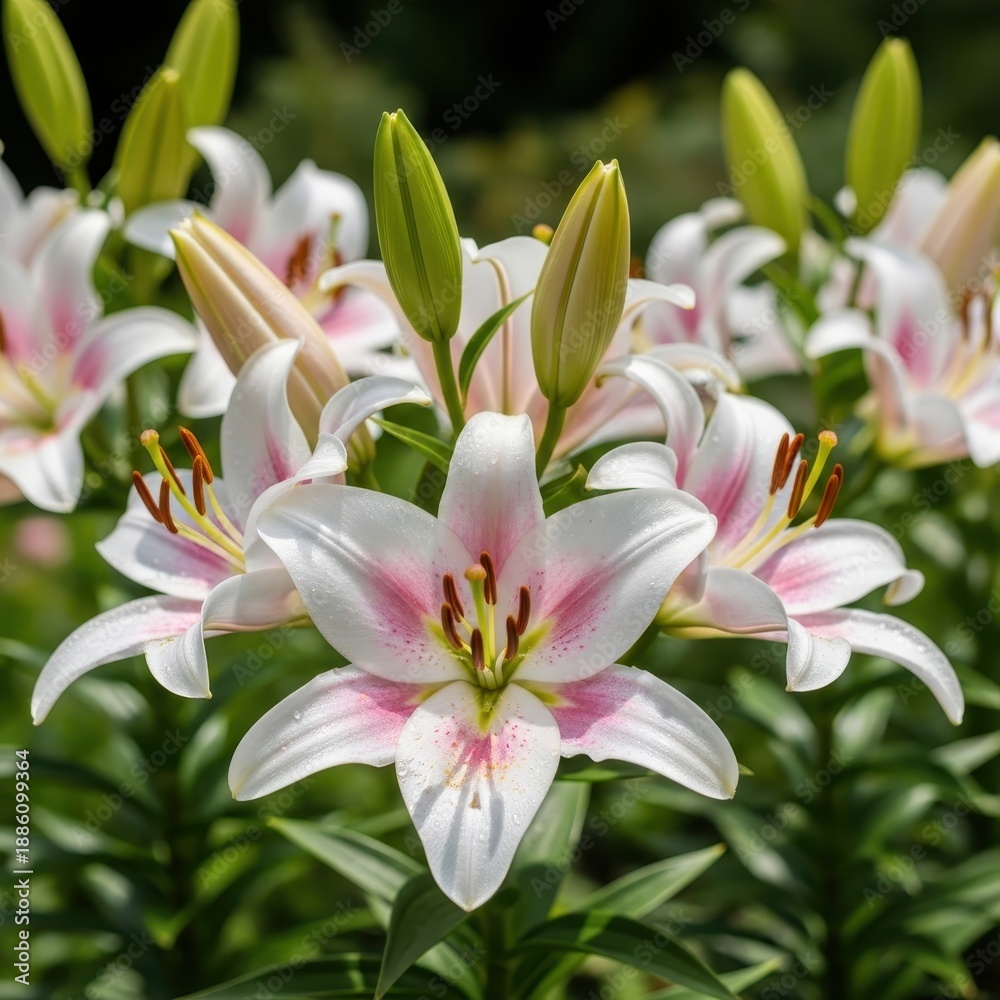 Fototapeta premium Elegant White and Pink Lilies in Full Bloom, Close-Up View.