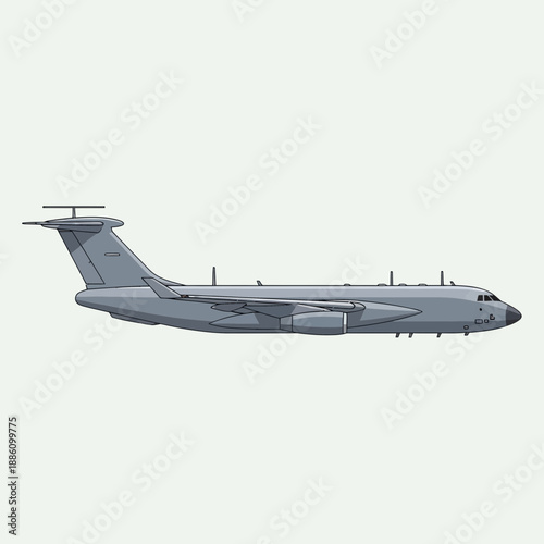 Gray cargo airplane side view, isolated on white background