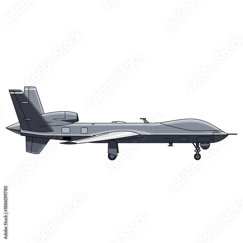 Gray military drone aircraft, side view, isolated on white.