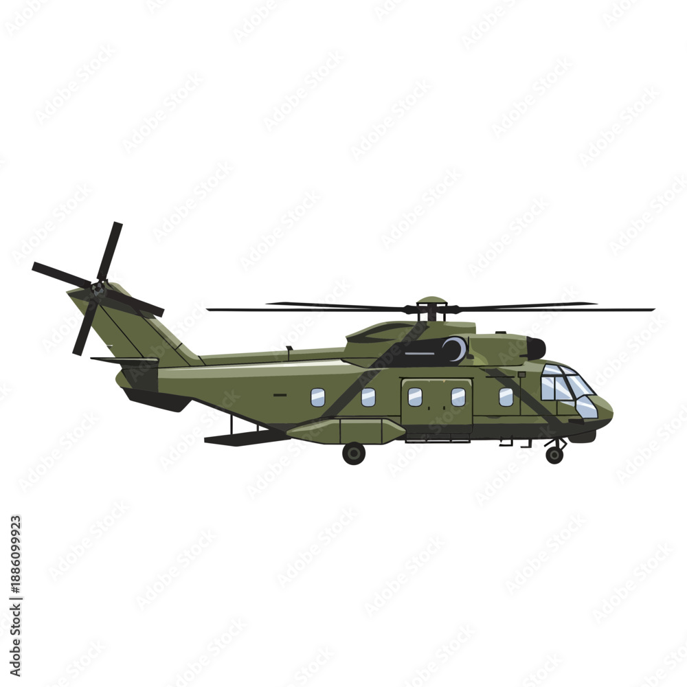 Fototapeta premium Modern military helicopter in olive green, side view, isolated on white background
