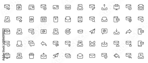 Email icon set. Minimal vector icons pack for business communication. Includes symbols for send, reply, attach, inbox, mail, message, contact, secure and more. Editable stroke.