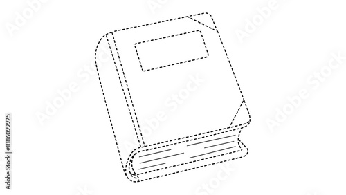 A simple line drawing of a closed book with a rectangular cover design on top
