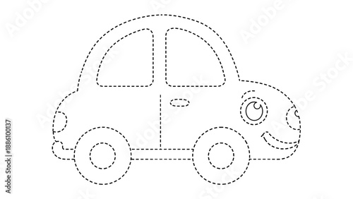 A dotted line drawing of a small car with a smiling face on the front