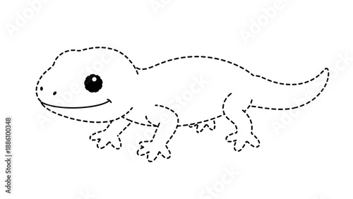 A smiling dotted line drawing of a lizard with big eye and tail