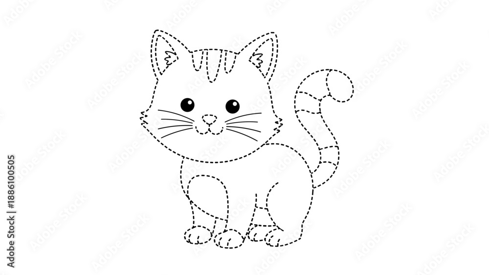 Obraz premium Cute cartoon tabby cat with whiskers and tail in a sitting position