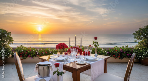 Romantic dinner table for date by the ocean beach at sunset. Valentine's Day, Love, honeymoon set for two, vacation or wedding concept.