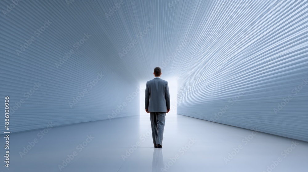 Obraz premium Business professional walking towards bright light in modern corridor, symbolizing hope, opportunity, and new beginnings in a sleek, minimalistic environment