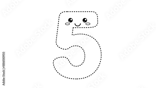 A cute cartoon number five with smiling face and dotted outline