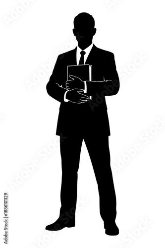 Professional businessman in formal suit holding corporate documents and paper folder silhouette