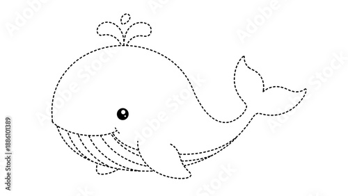 A black and white dotted line drawing of a smiling whale