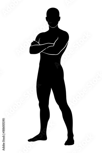 Silhouette of a muscular man standing with arms crossed, strong pose, athletic build