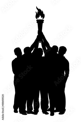 Group of people holding torch up high showing unity and support for common goal achievement